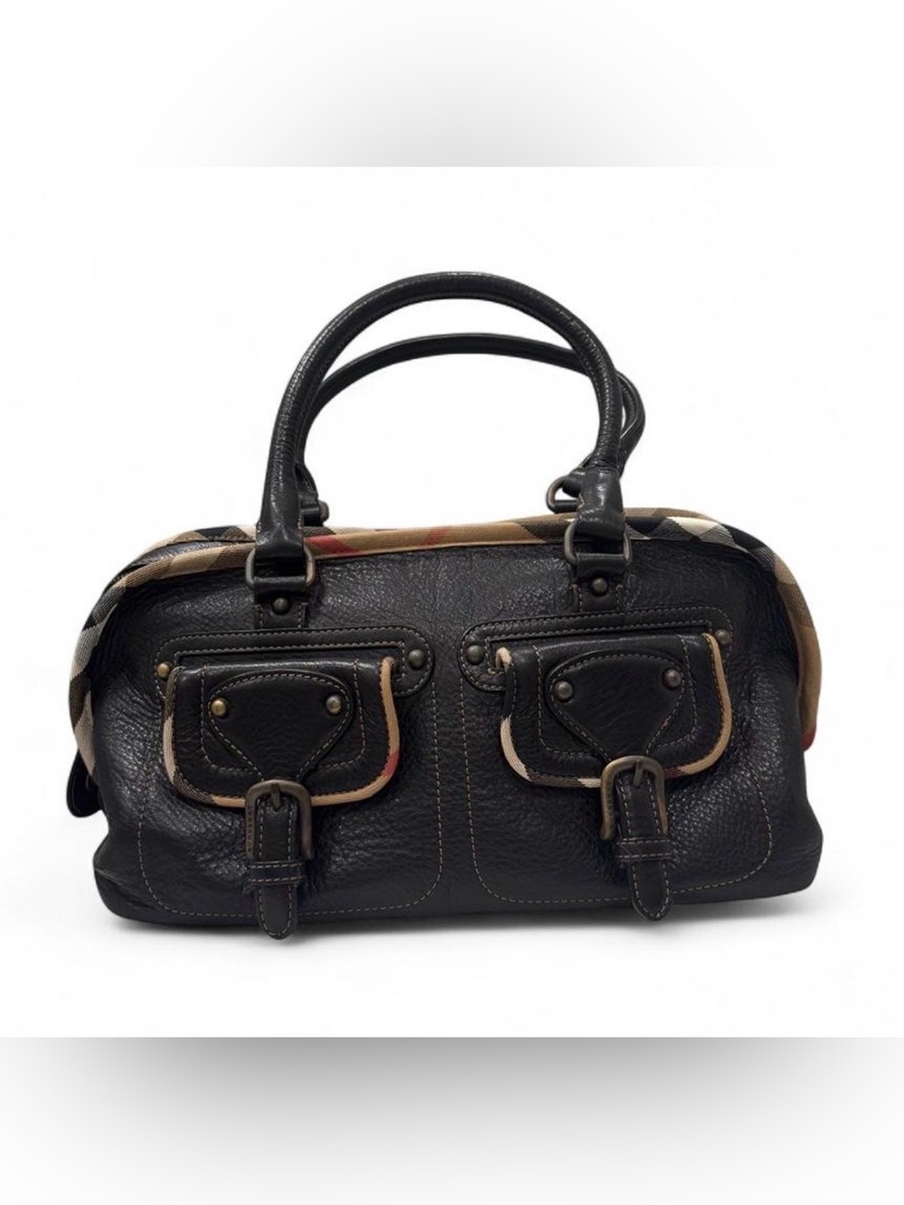 Vintage Burberry House Check Shoulder Bag satchel in pebbled black leather